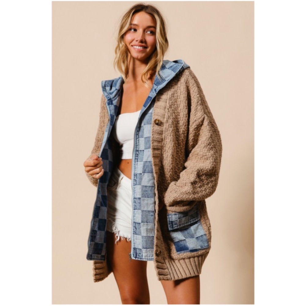 Cozy Checkered Plaid Denim Mixed Fabric Knit Cardigan Jacket Shacket - Picture 2 of 8